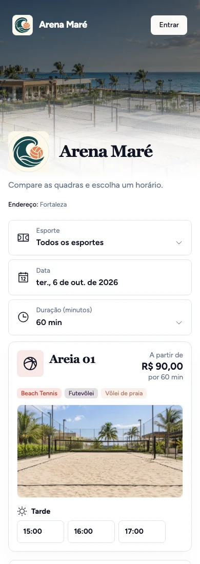 Captura da página da arena fictícia Arena Maré, com foto de fundo e identidade visual