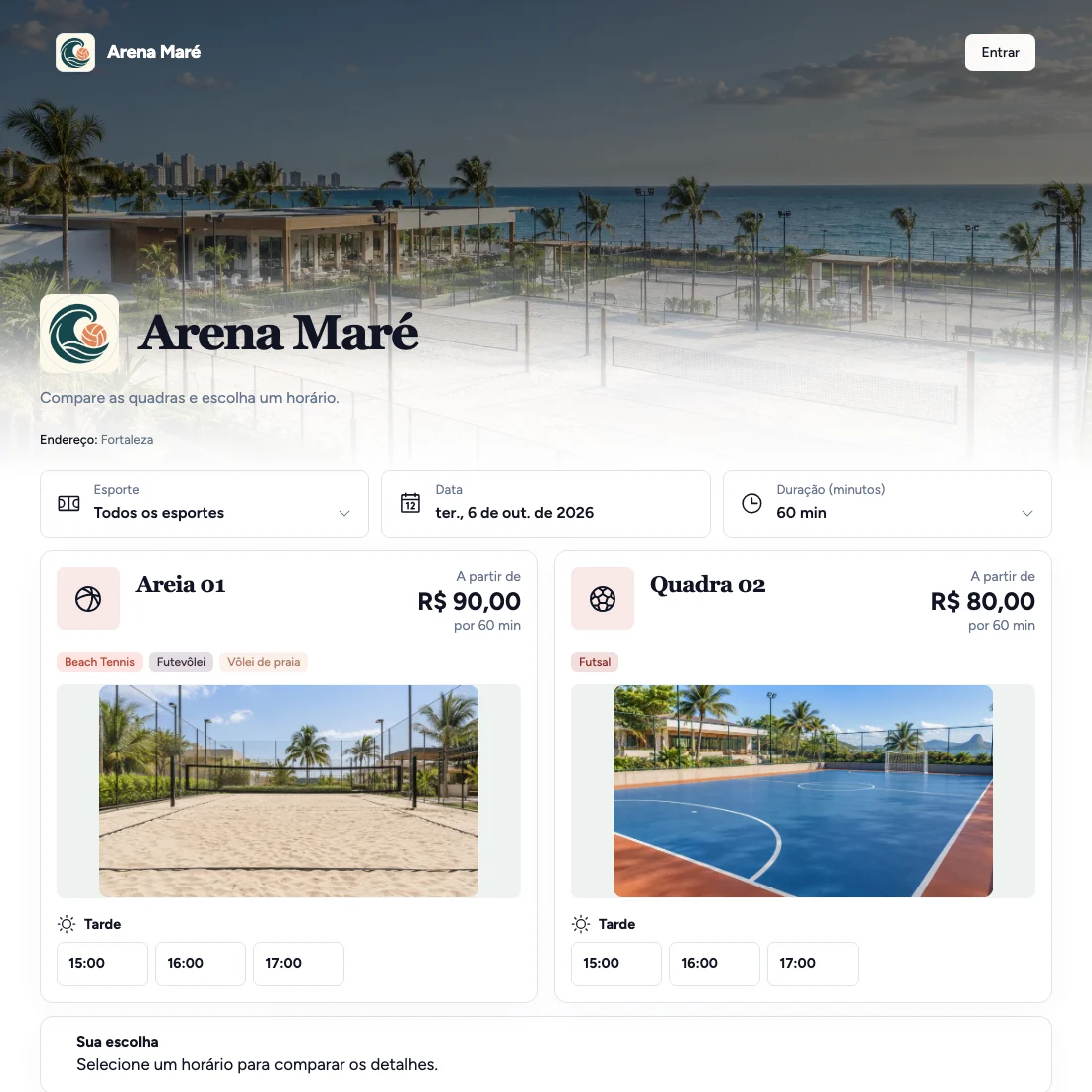 Captura da página pública de reservas da arena fictícia Arena Maré, com quadras e horários